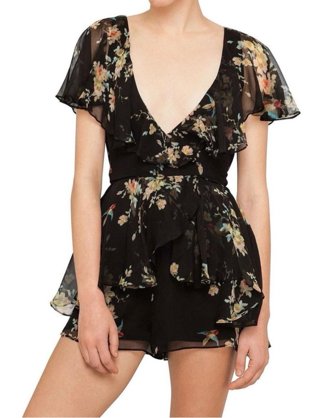 Zimmermann Maples Wrap Playsuit in Black Bird Floral